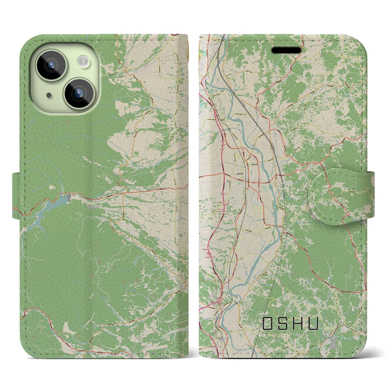 【奥州(岩手県)】地図柄iPhoneケース(手帳タイプ)ナチュラル・iPhone 15 用
