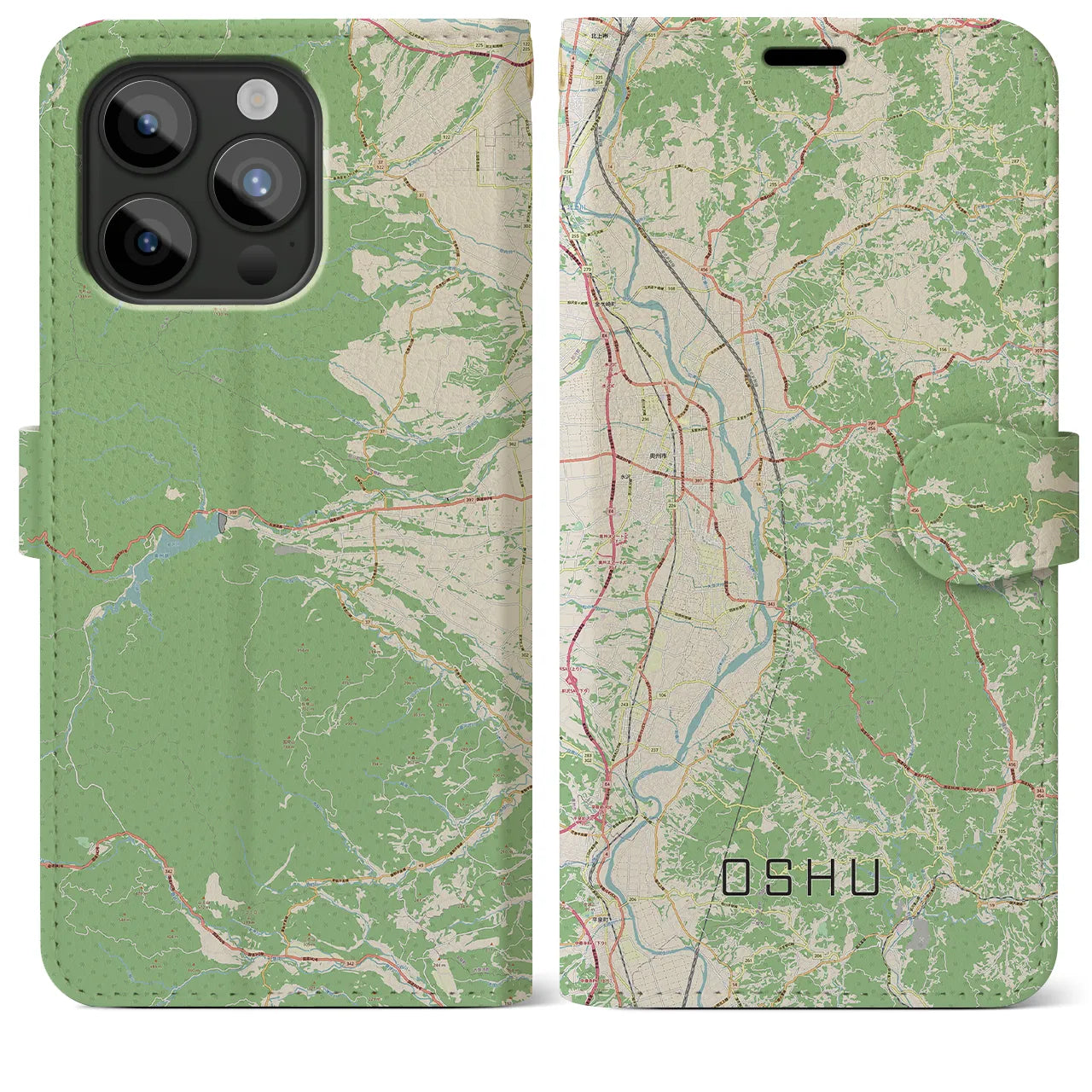 【奥州(岩手県)】地図柄iPhoneケース(手帳タイプ)ナチュラル・iPhone 15 Pro Max 用