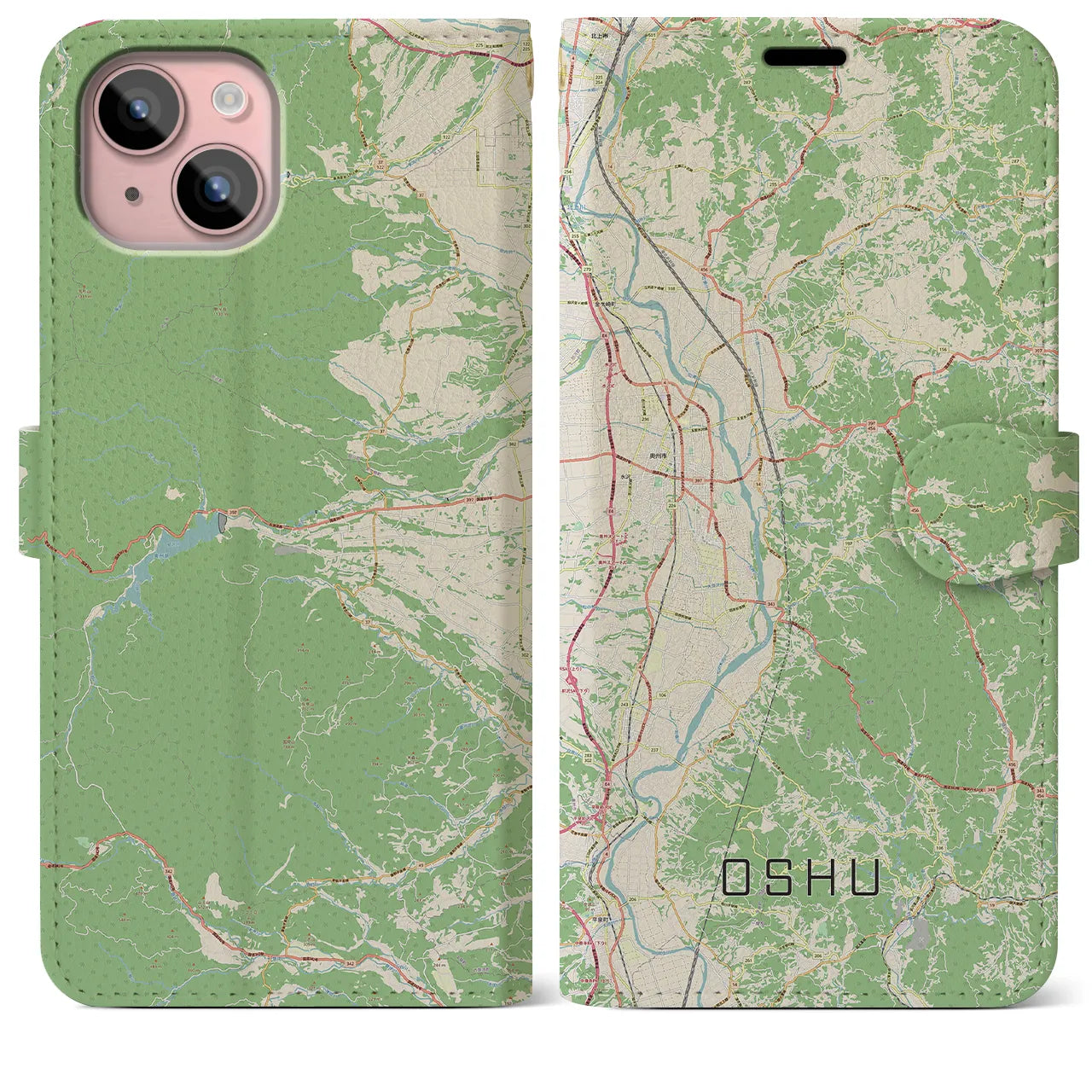 【奥州(岩手県)】地図柄iPhoneケース(手帳タイプ)ナチュラル・iPhone 15 Plus 用
