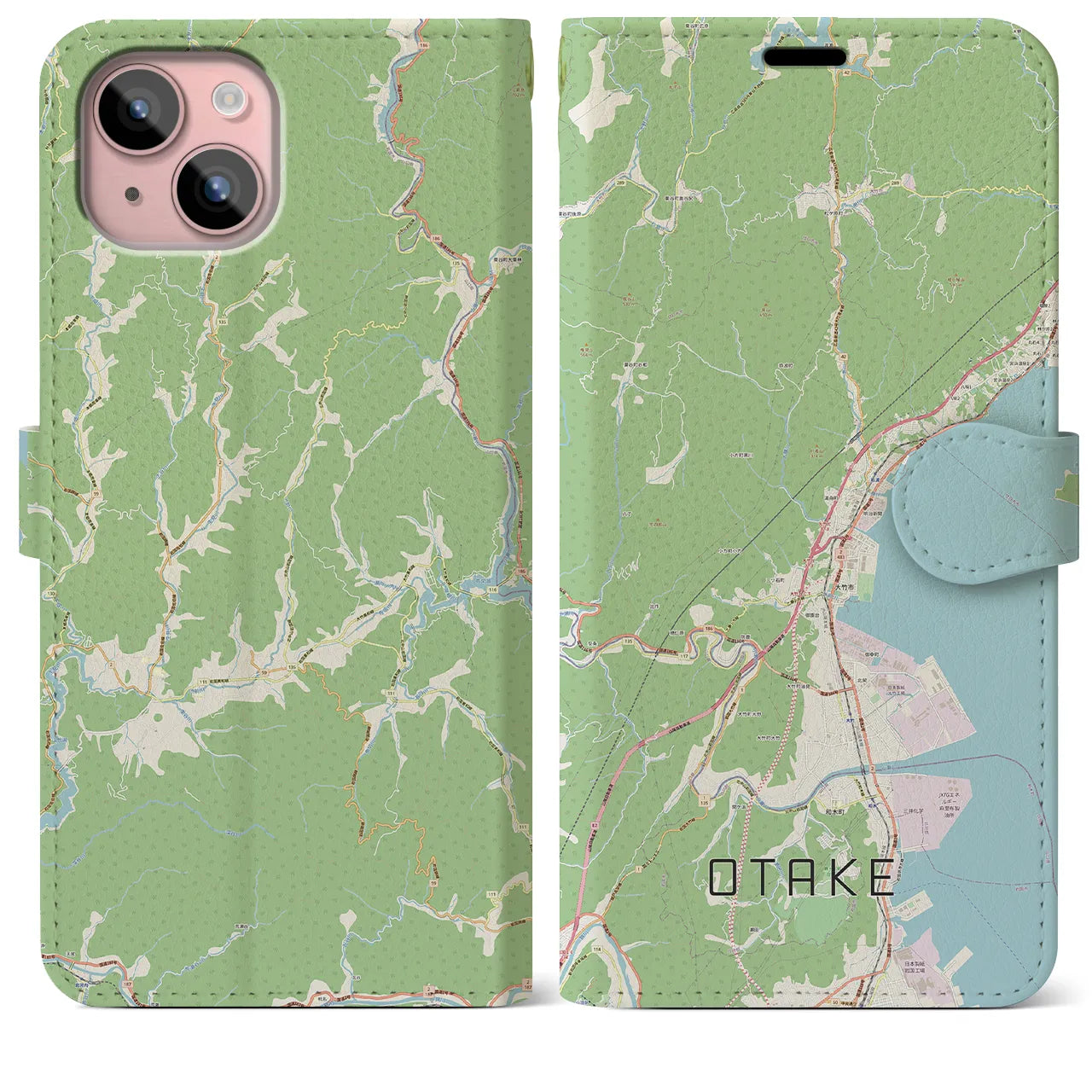 【大竹(広島県)】地図柄iPhoneケース(手帳タイプ)ナチュラル・iPhone 15 Plus 用