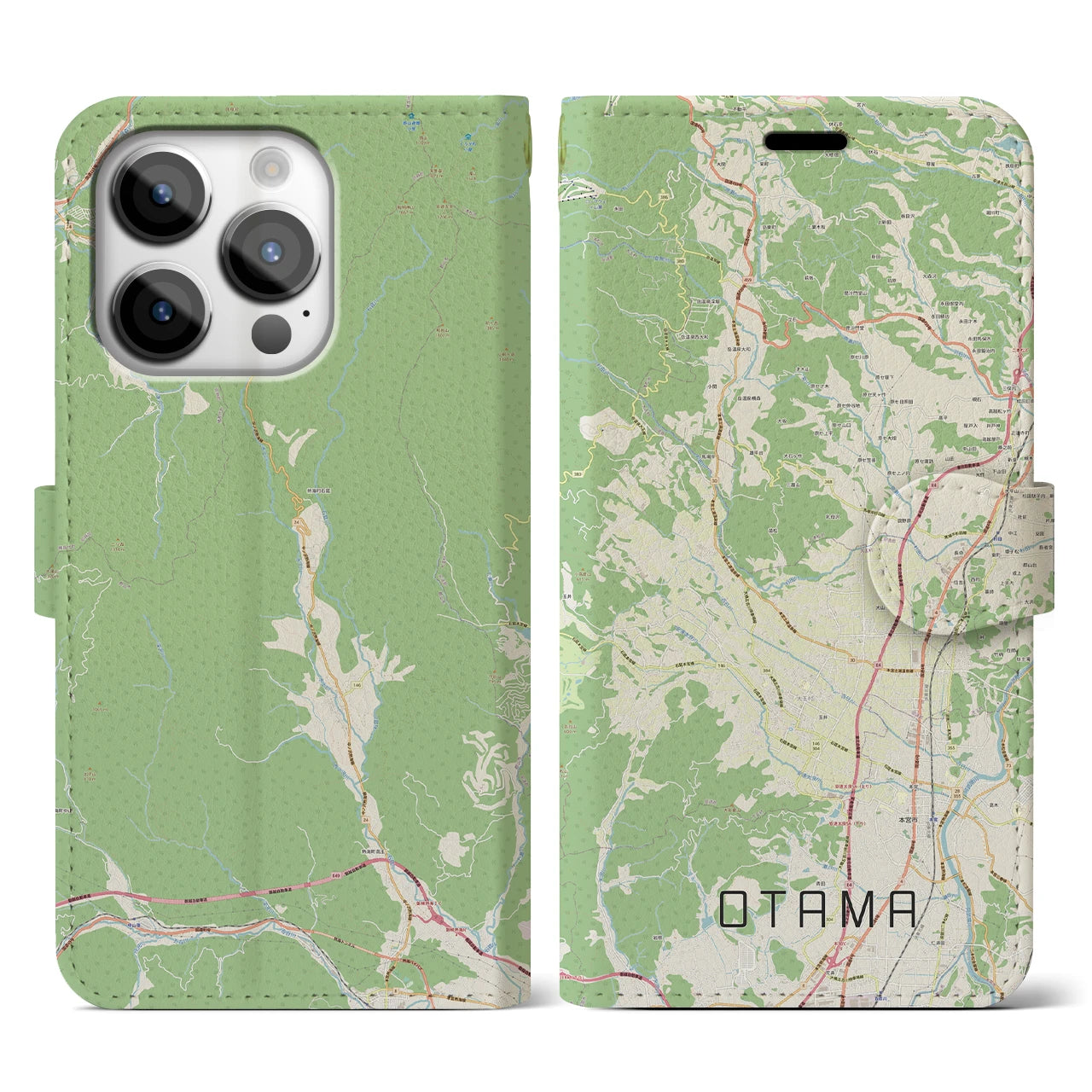 【大玉(福島県)】地図柄iPhoneケース(手帳タイプ)ナチュラル・iPhone 14 Pro 用