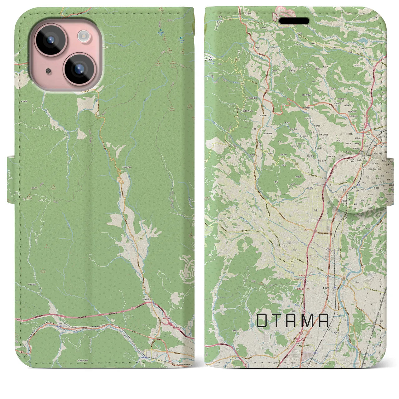 【大玉(福島県)】地図柄iPhoneケース(手帳タイプ)ナチュラル・iPhone 15 Plus 用