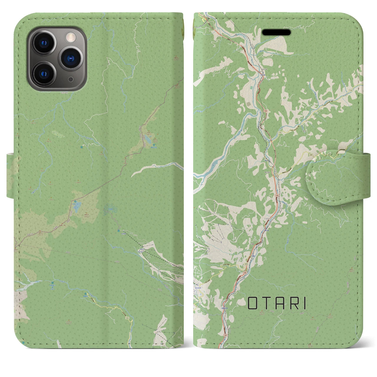 【小谷(長野県)】地図柄iPhoneケース(手帳タイプ)ナチュラル・iPhone 11 Pro Max 用