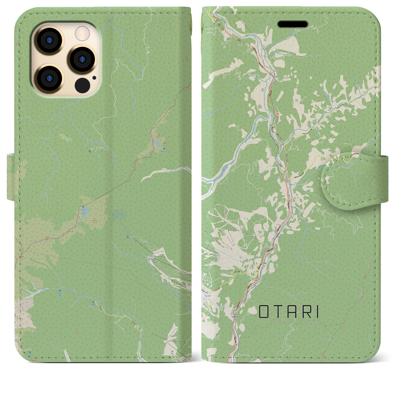 【小谷(長野県)】地図柄iPhoneケース(手帳タイプ)ナチュラル・iPhone 12 Pro Max 用