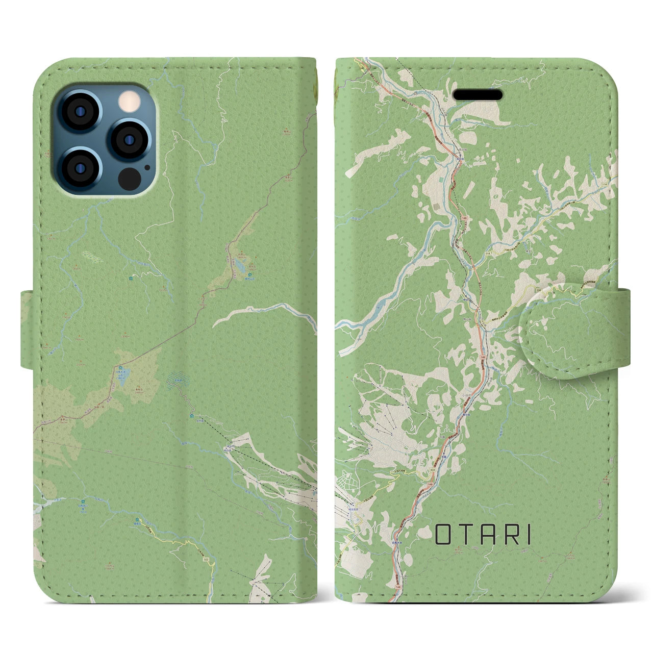 【小谷(長野県)】地図柄iPhoneケース(手帳タイプ)ナチュラル・iPhone 12 / 12 Pro 用