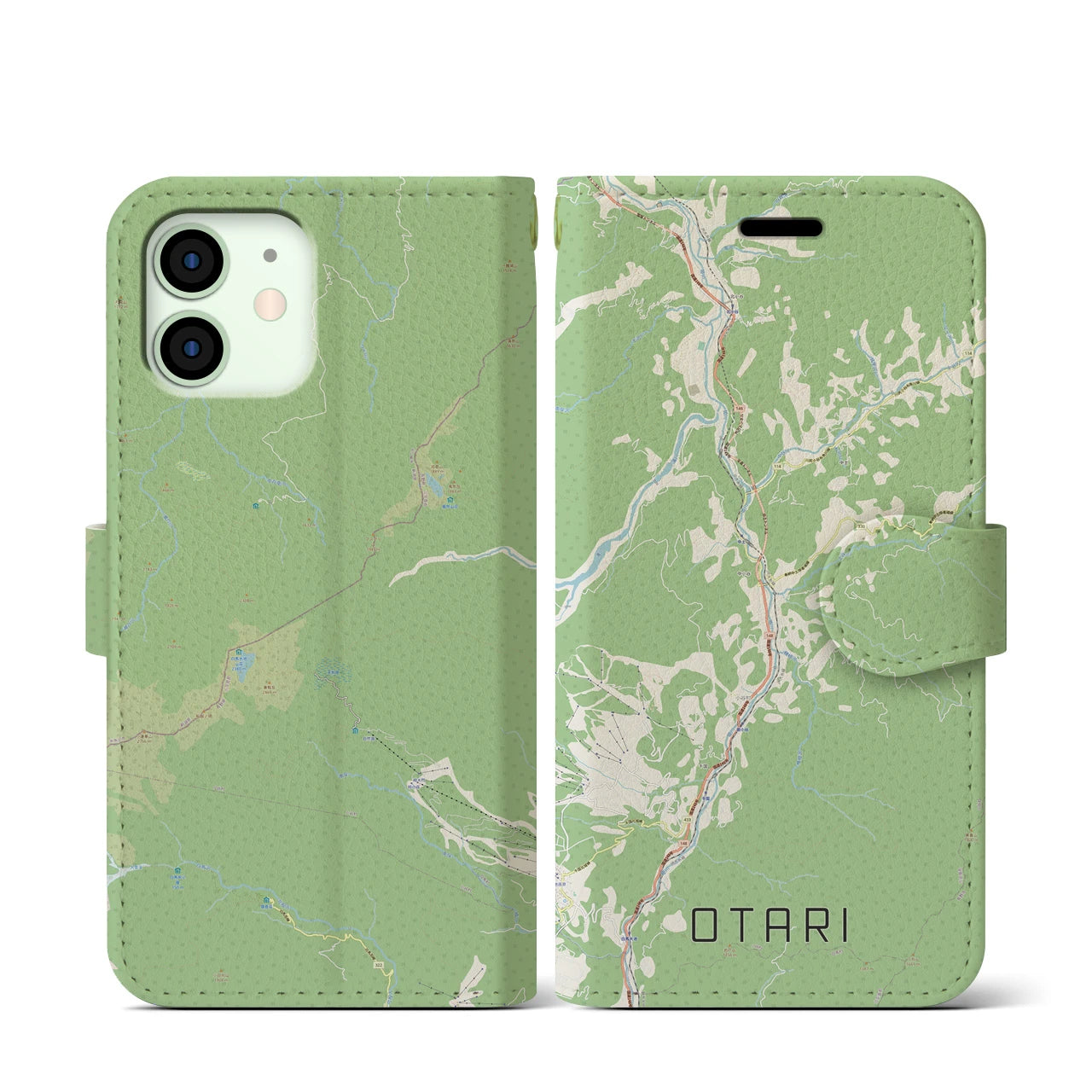【小谷(長野県)】地図柄iPhoneケース(手帳タイプ)ナチュラル・iPhone 12 mini 用
