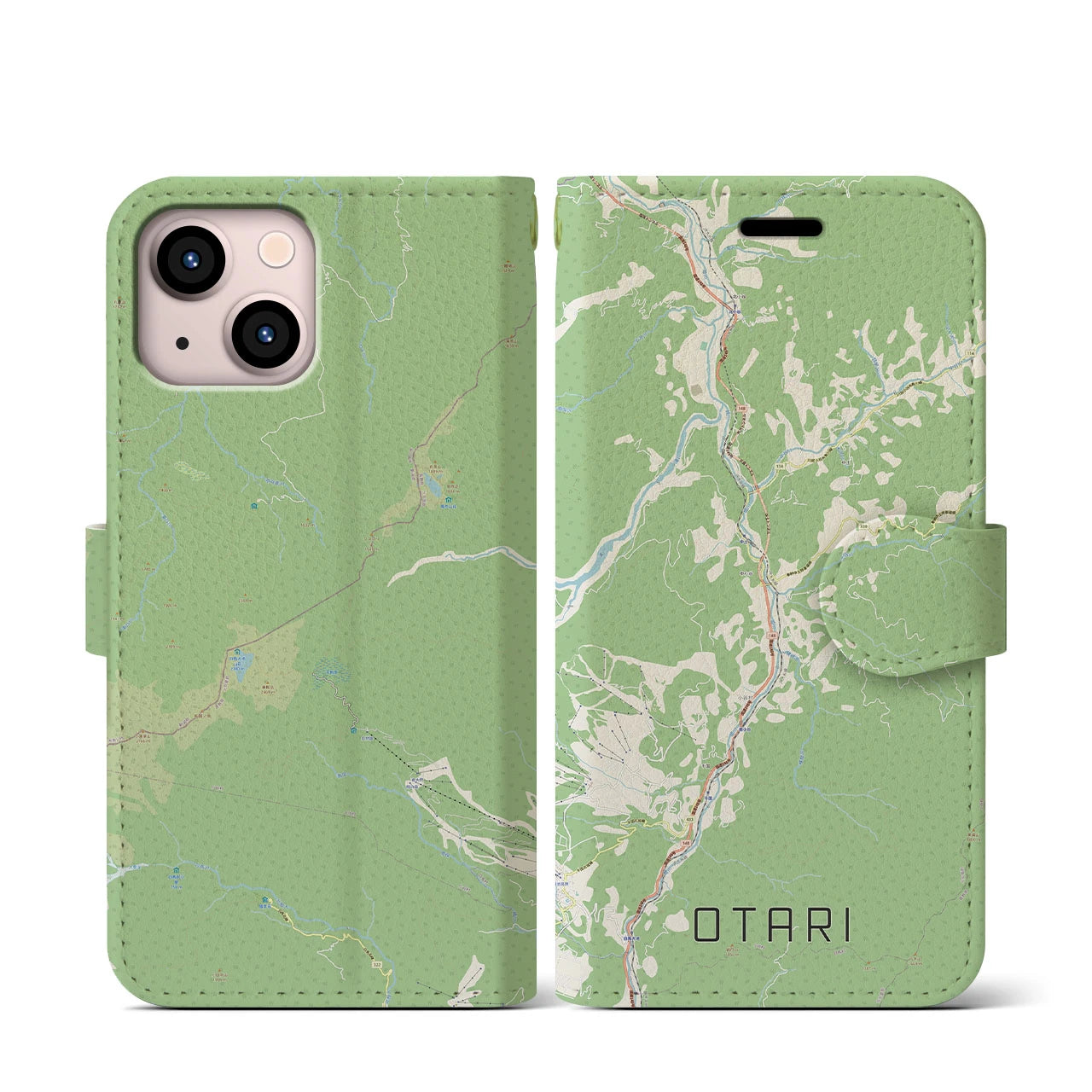 【小谷(長野県)】地図柄iPhoneケース(手帳タイプ)ナチュラル・iPhone 13 mini 用