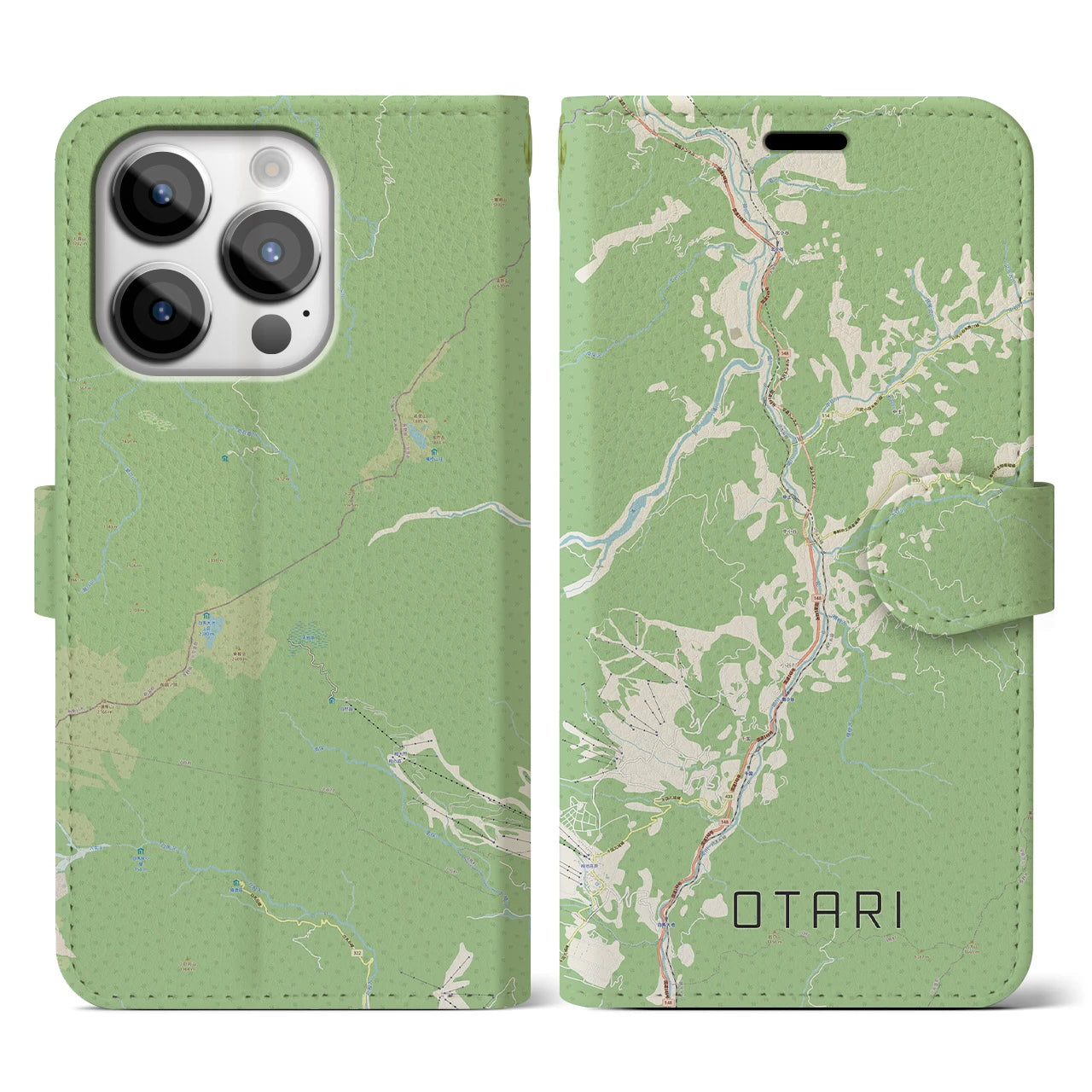 【小谷(長野県)】地図柄iPhoneケース(手帳タイプ)ナチュラル・iPhone 14 Pro 用