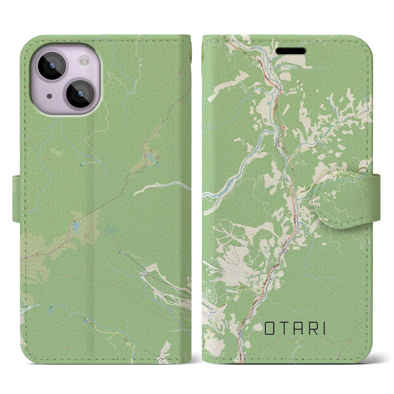 【小谷(長野県)】地図柄iPhoneケース(手帳タイプ)ナチュラル・iPhone 14 用