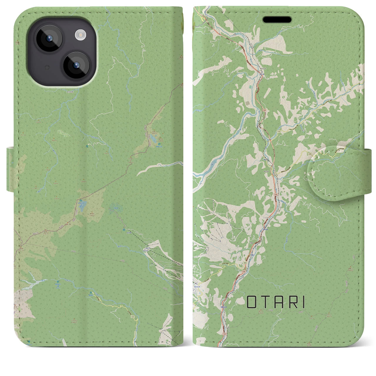 【小谷(長野県)】地図柄iPhoneケース(手帳タイプ)ナチュラル・iPhone 14 Plus 用