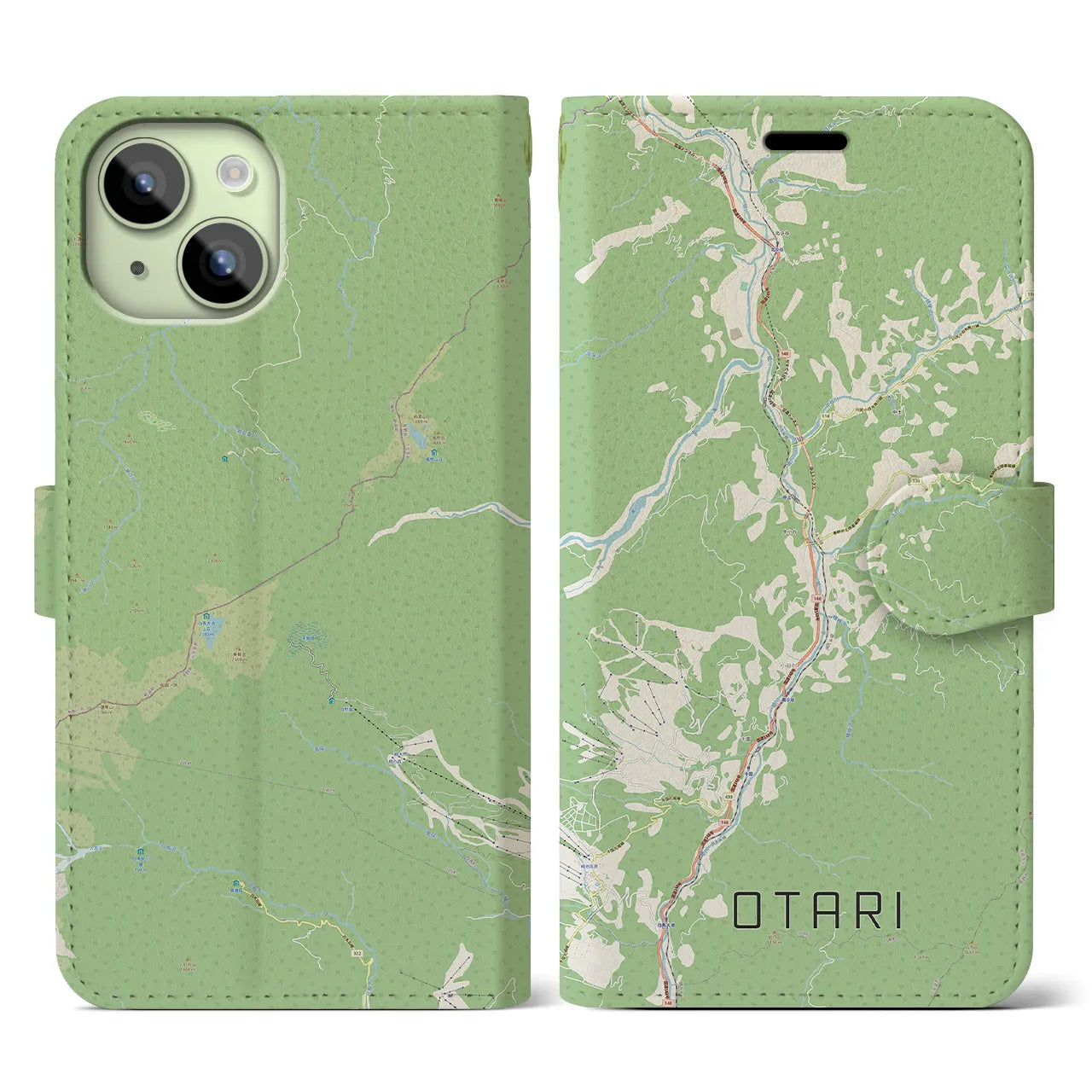 【小谷(長野県)】地図柄iPhoneケース(手帳タイプ)ナチュラル・iPhone 15 用