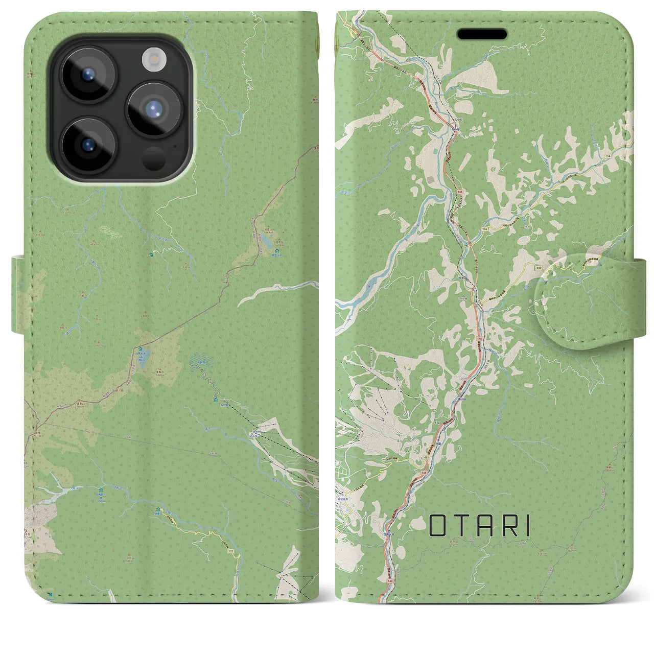【小谷(長野県)】地図柄iPhoneケース(手帳タイプ)ナチュラル・iPhone 15 Pro Max 用