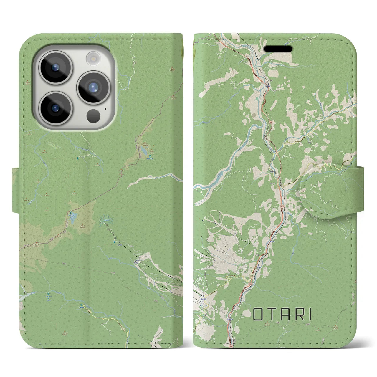 【小谷(長野県)】地図柄iPhoneケース(手帳タイプ)ナチュラル・iPhone 15 Pro 用
