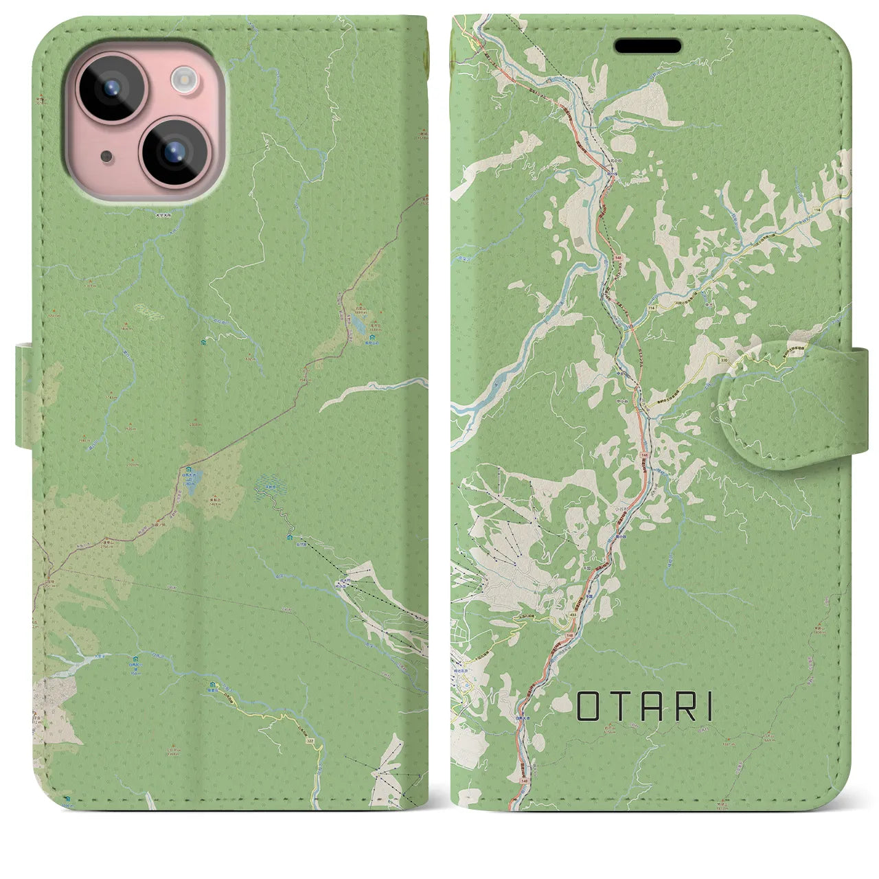 【小谷(長野県)】地図柄iPhoneケース(手帳タイプ)ナチュラル・iPhone 15 Plus 用