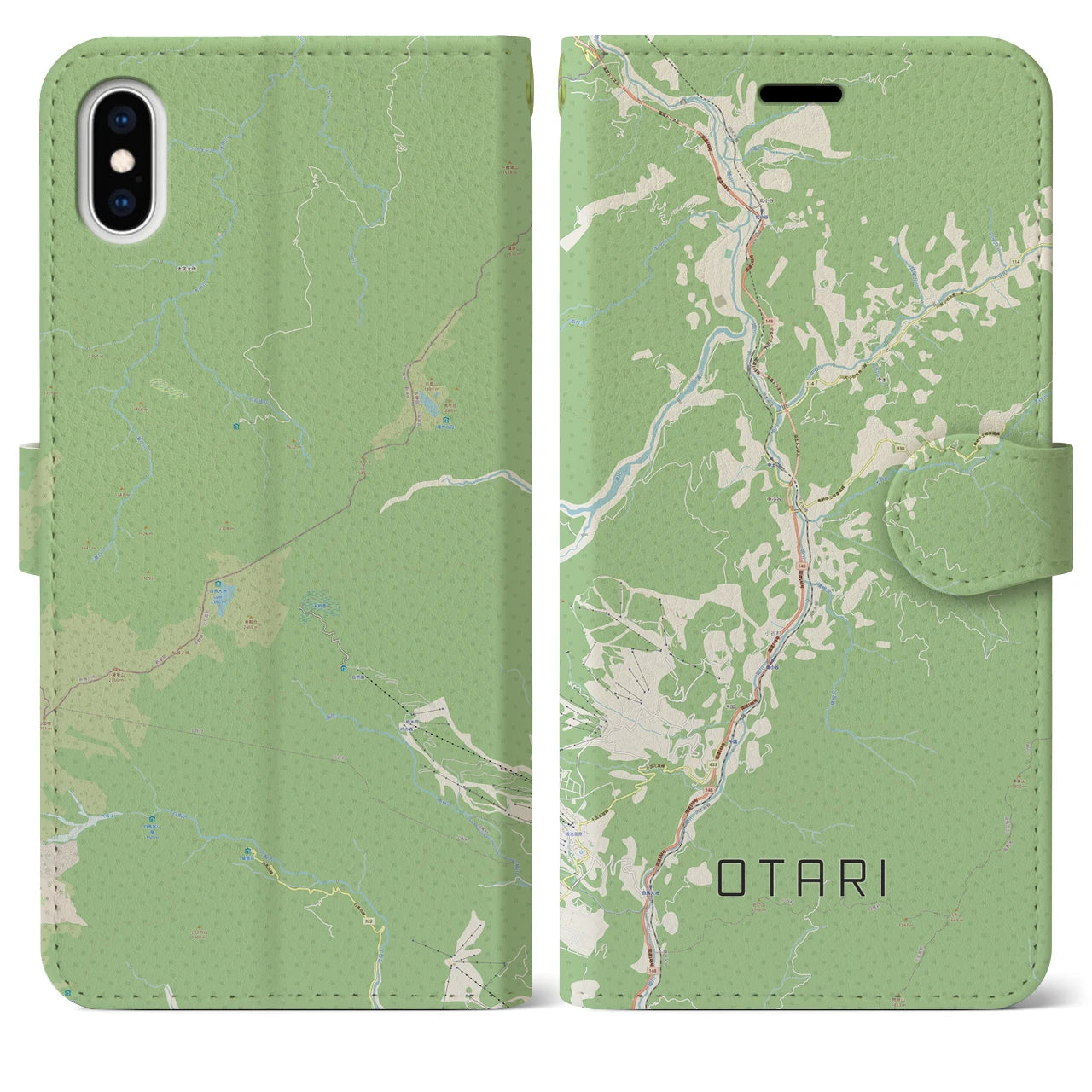 【小谷(長野県)】地図柄iPhoneケース(手帳タイプ)ナチュラル・iPhone XS Max 用