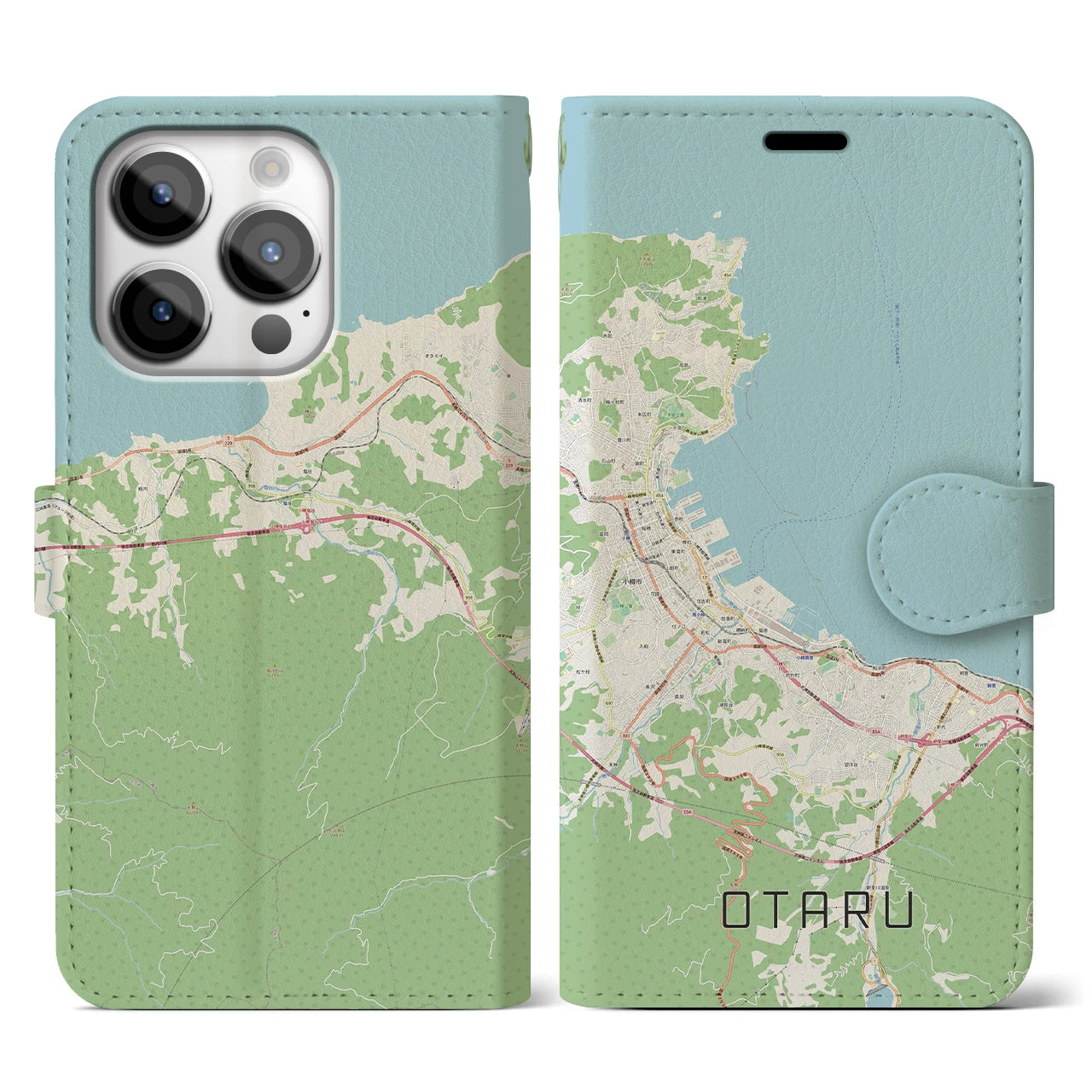 【小樽(北海道)】地図柄iPhoneケース(手帳タイプ)ナチュラル・iPhone 14 Pro 用