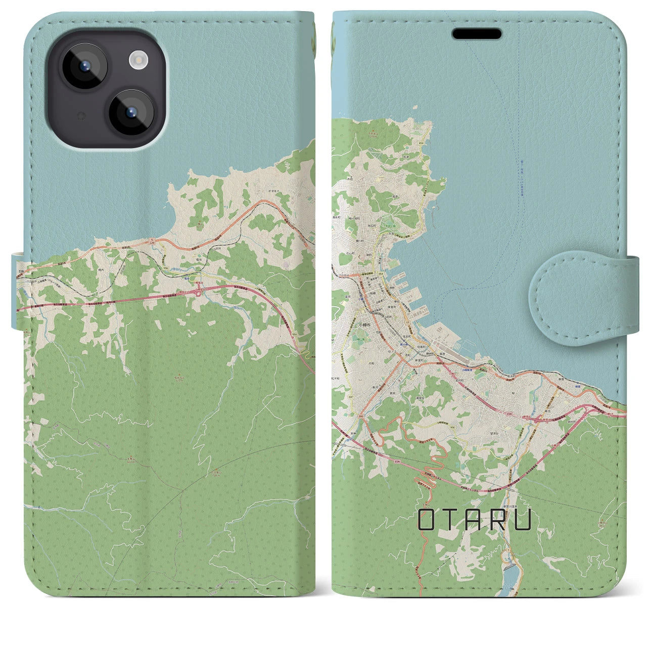 【小樽(北海道)】地図柄iPhoneケース(手帳タイプ)ナチュラル・iPhone 14 Plus 用