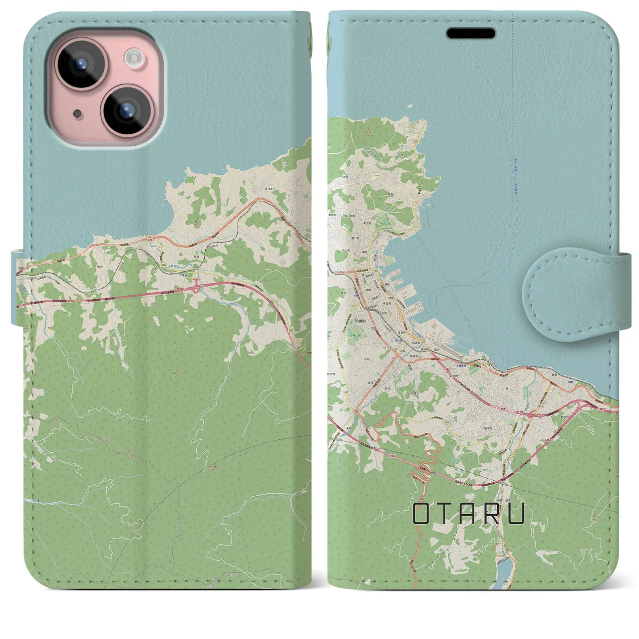 【小樽(北海道)】地図柄iPhoneケース(手帳タイプ)ナチュラル・iPhone 15 Plus 用