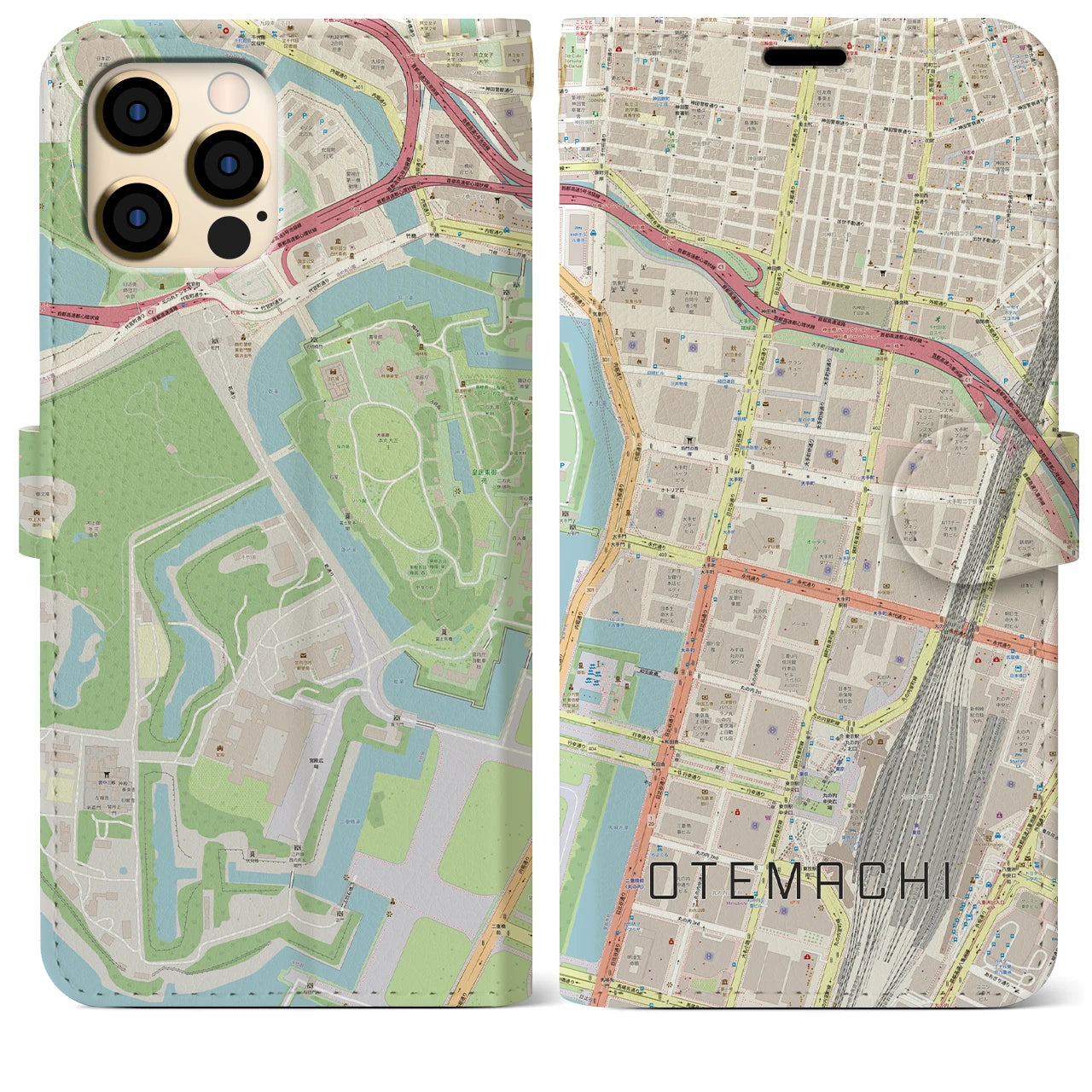 【大手町(東京都)】地図柄iPhoneケース(手帳タイプ)ナチュラル・iPhone 12 Pro Max 用