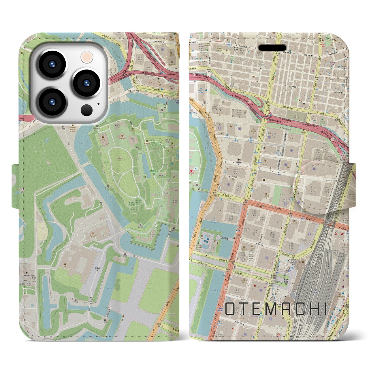 【大手町(東京都)】地図柄iPhoneケース(手帳タイプ)ナチュラル・iPhone 13 Pro 用