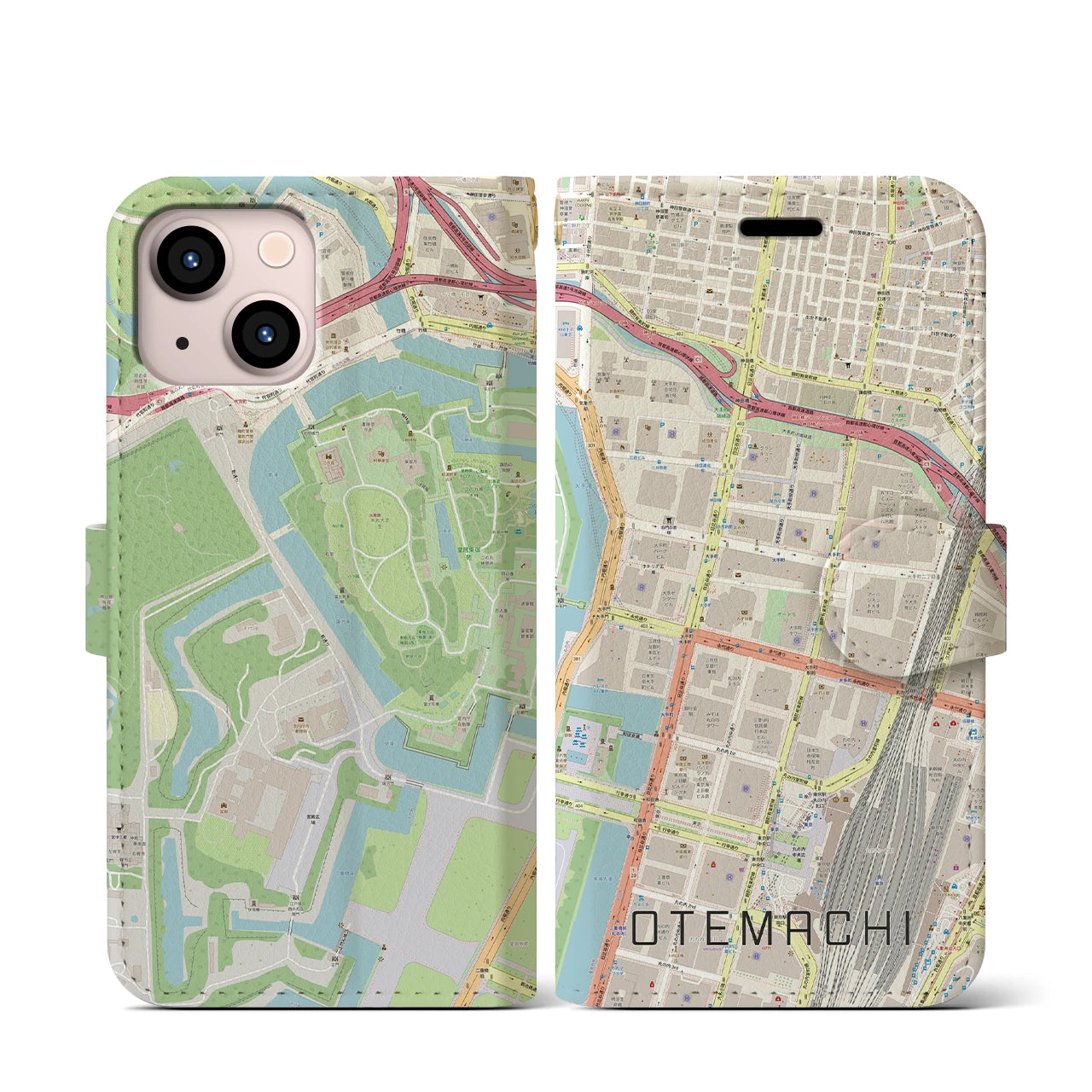 【大手町(東京都)】地図柄iPhoneケース(手帳タイプ)ナチュラル・iPhone 13 mini 用