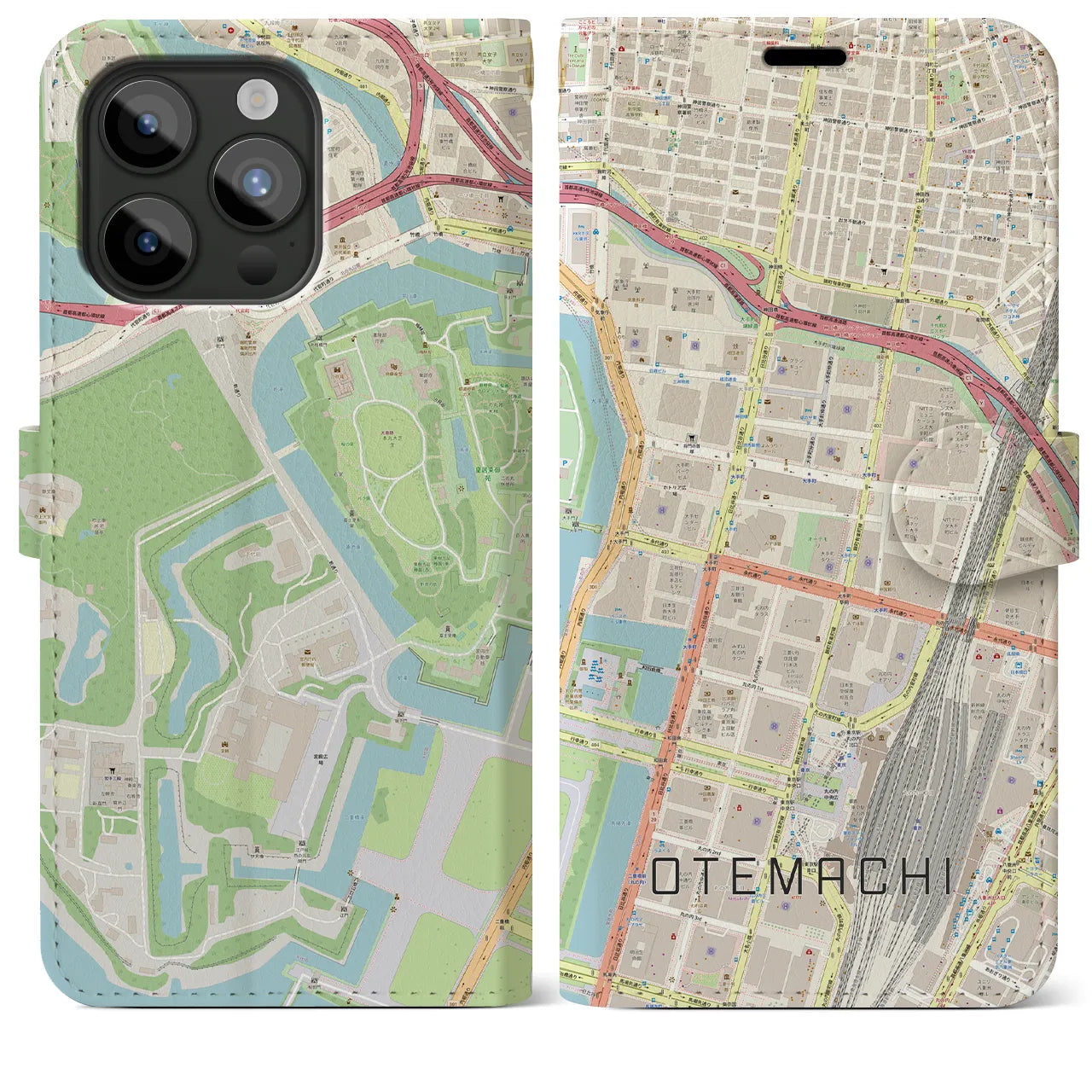 【大手町(東京都)】地図柄iPhoneケース(手帳タイプ)ナチュラル・iPhone 15 Pro Max 用