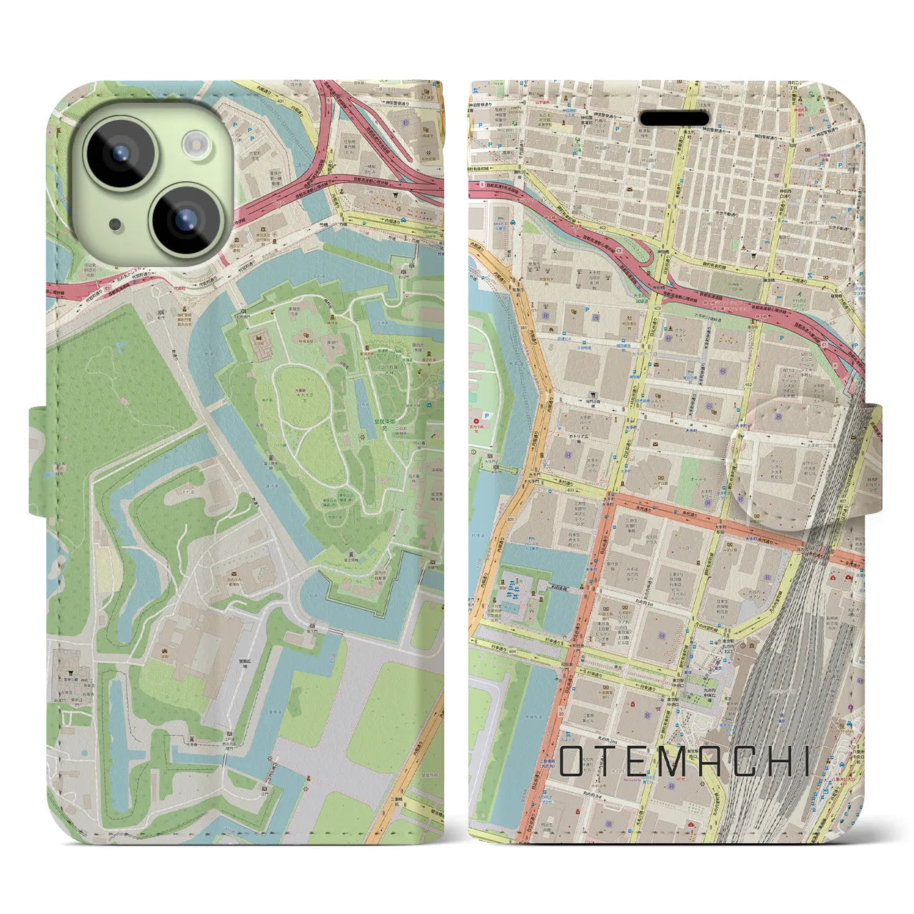 【大手町(東京都)】地図柄iPhoneケース(手帳タイプ)ナチュラル・iPhone 15 用