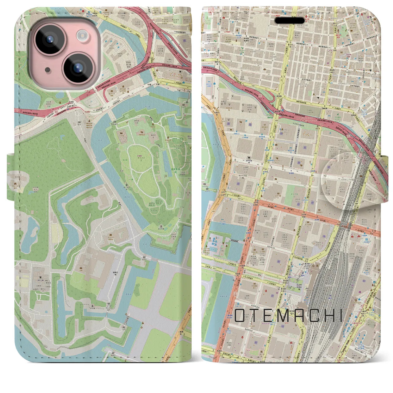 【大手町(東京都)】地図柄iPhoneケース(手帳タイプ)ナチュラル・iPhone 15 Plus 用