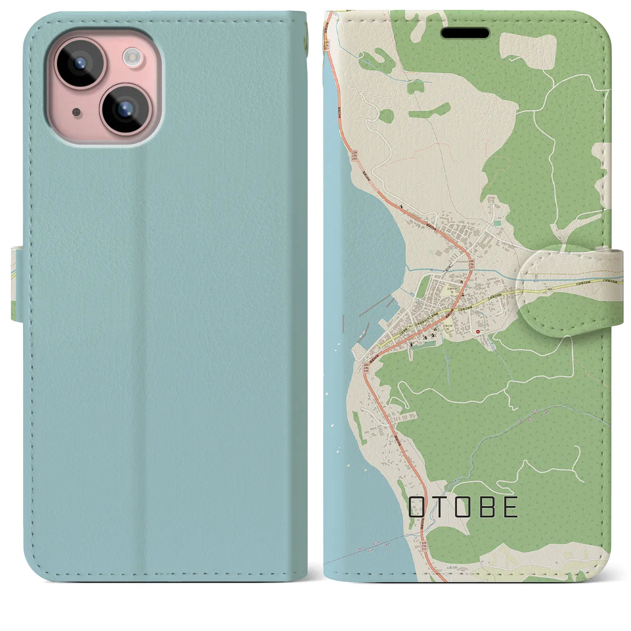 【乙部(北海道)】地図柄iPhoneケース(手帳タイプ)ナチュラル・iPhone 15 Plus 用