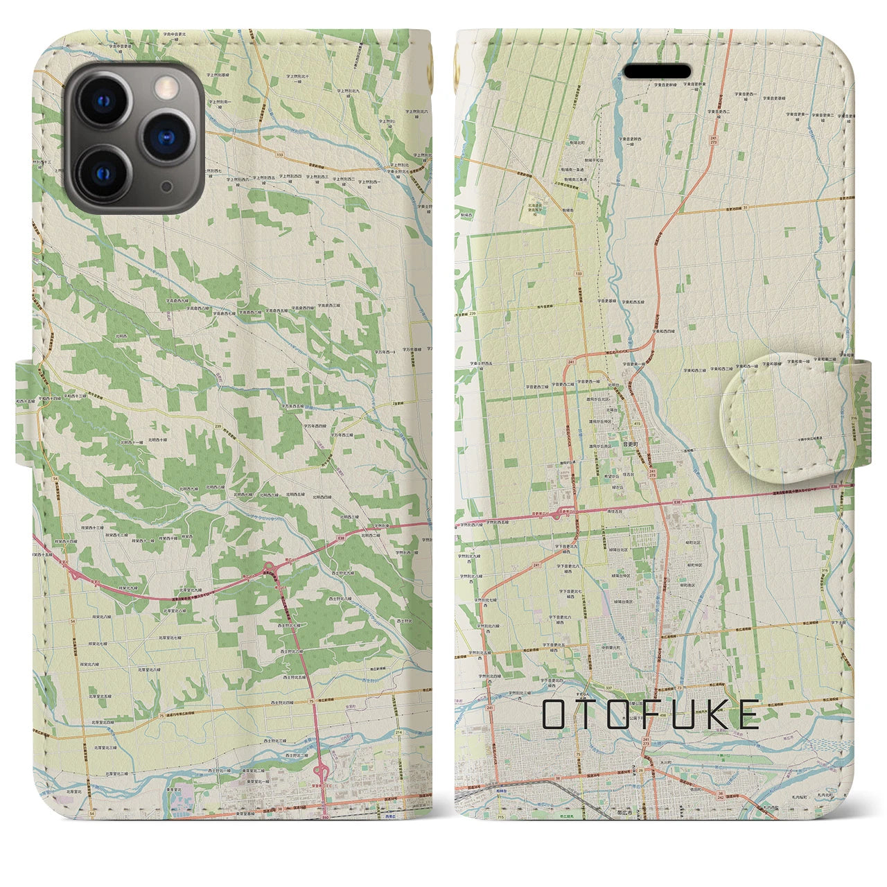 【音更(北海道)】地図柄iPhoneケース(手帳タイプ)ナチュラル・iPhone 11 Pro Max 用