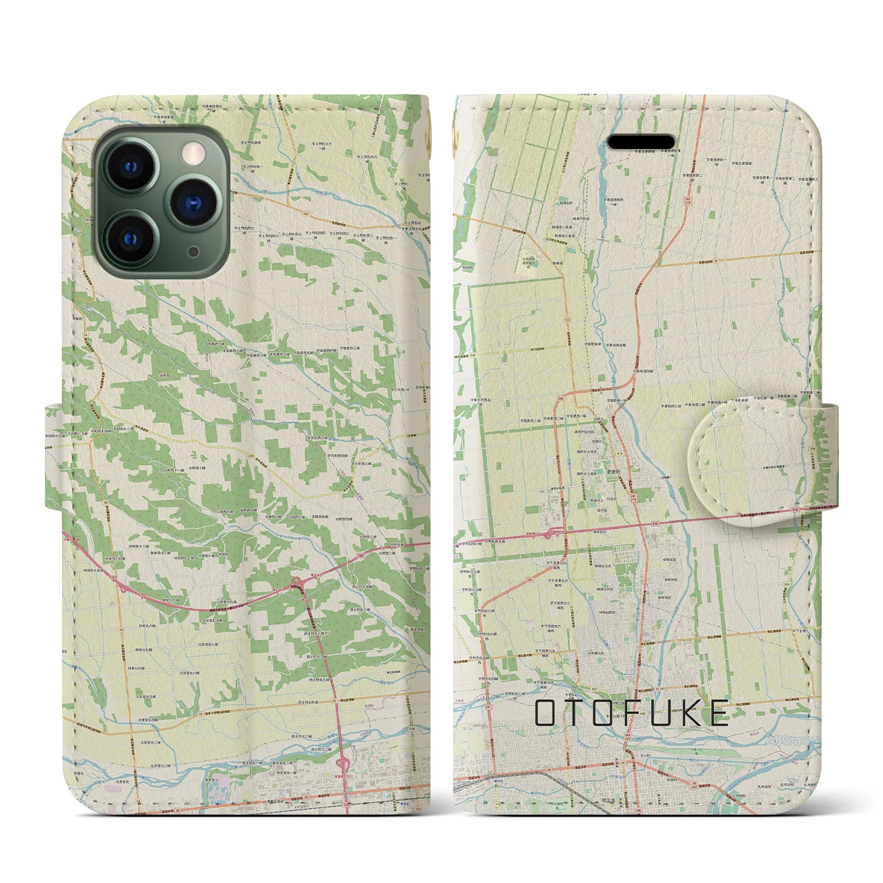 【音更(北海道)】地図柄iPhoneケース(手帳タイプ)ナチュラル・iPhone 11 Pro 用