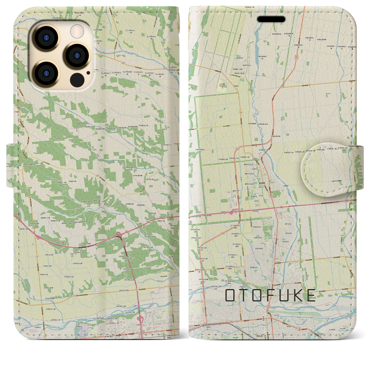 【音更(北海道)】地図柄iPhoneケース(手帳タイプ)ナチュラル・iPhone 12 Pro Max 用