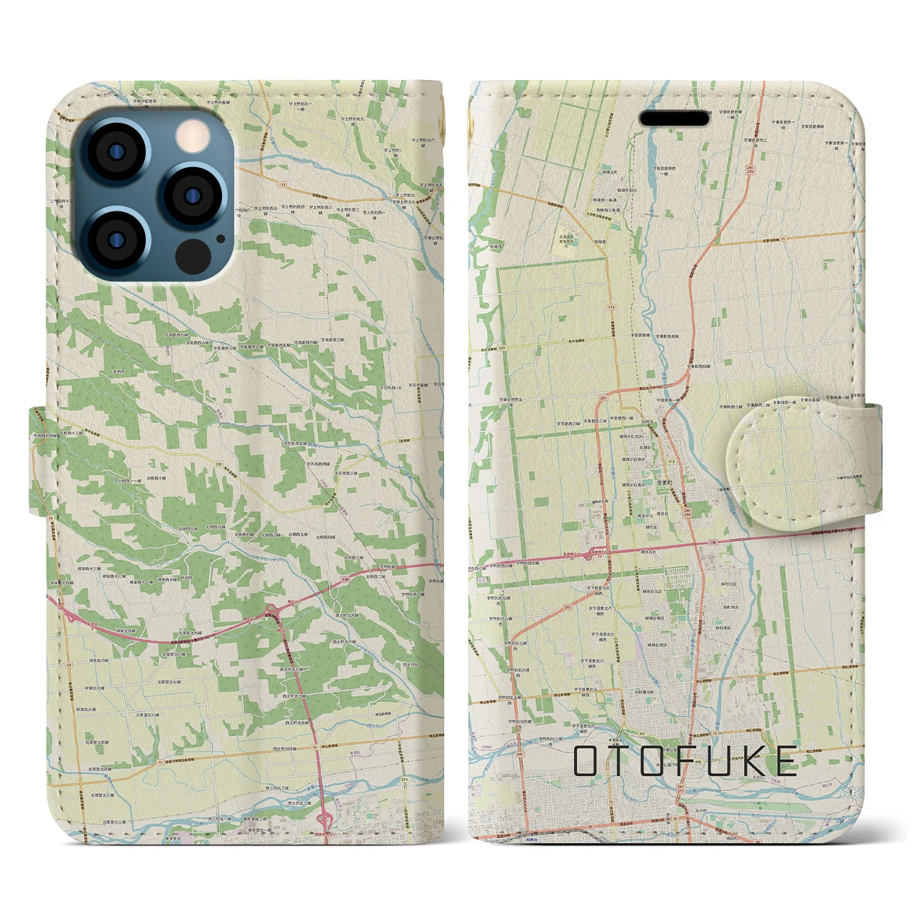 【音更(北海道)】地図柄iPhoneケース(手帳タイプ)ナチュラル・iPhone 12 / 12 Pro 用