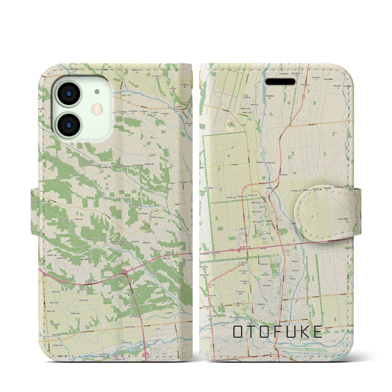 【音更(北海道)】地図柄iPhoneケース(手帳タイプ)ナチュラル・iPhone 12 mini 用