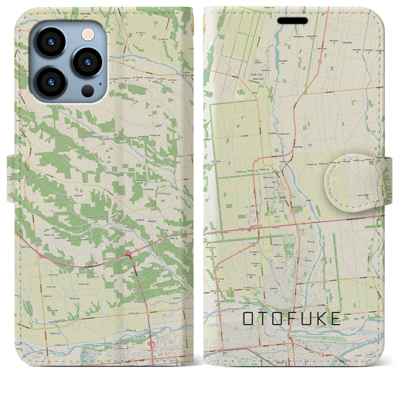 【音更(北海道)】地図柄iPhoneケース(手帳タイプ)ナチュラル・iPhone 13 Pro Max 用