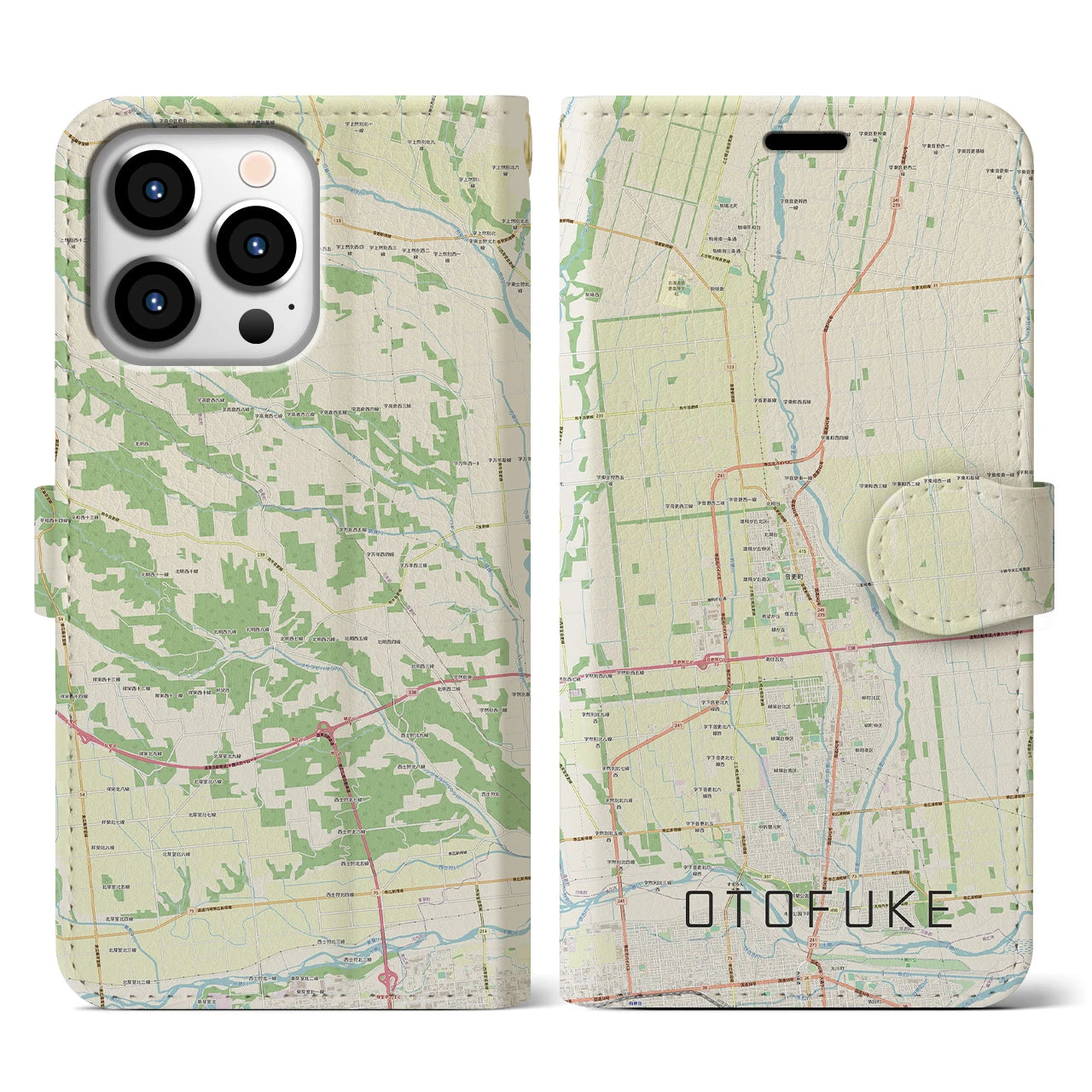 【音更(北海道)】地図柄iPhoneケース(手帳タイプ)ナチュラル・iPhone 13 Pro 用