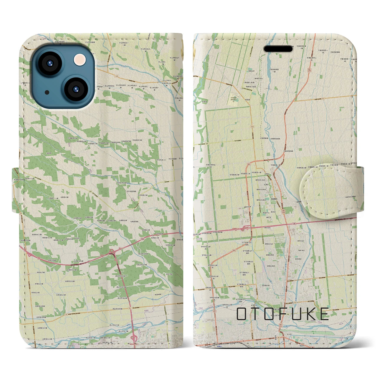【音更(北海道)】地図柄iPhoneケース(手帳タイプ)ナチュラル・iPhone 13 用