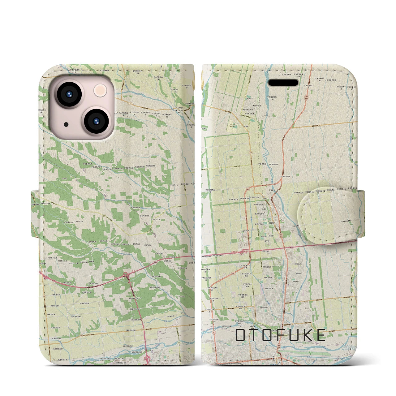 【音更(北海道)】地図柄iPhoneケース(手帳タイプ)ナチュラル・iPhone 13 mini 用