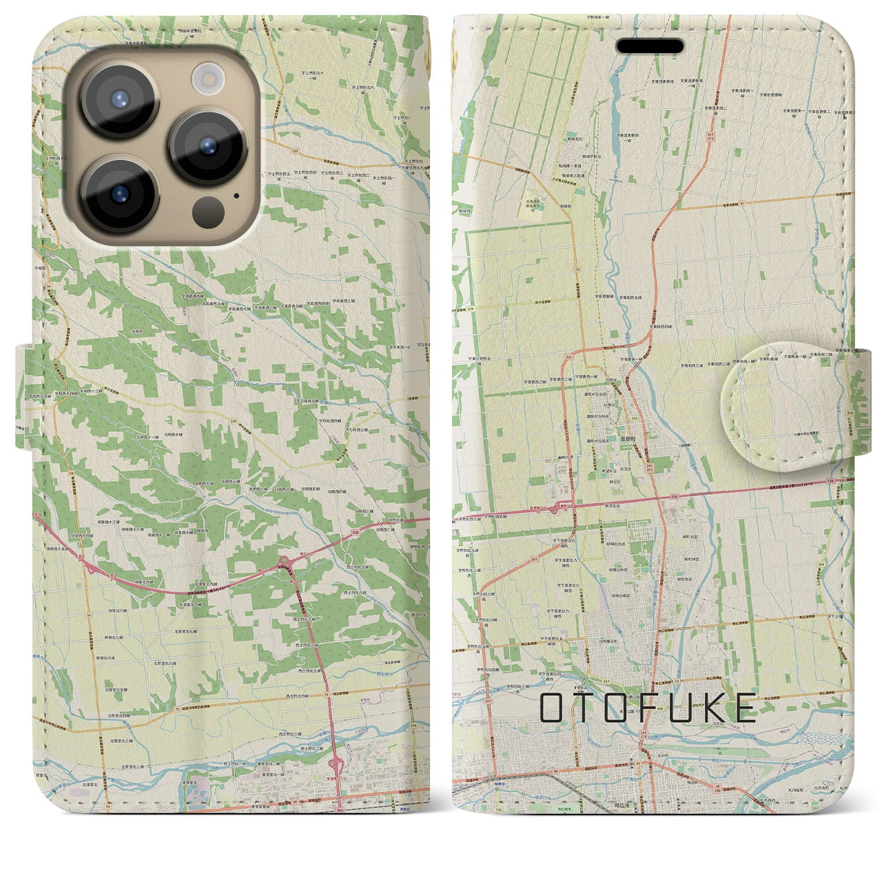 【音更(北海道)】地図柄iPhoneケース(手帳タイプ)ナチュラル・iPhone 14 Pro Max 用