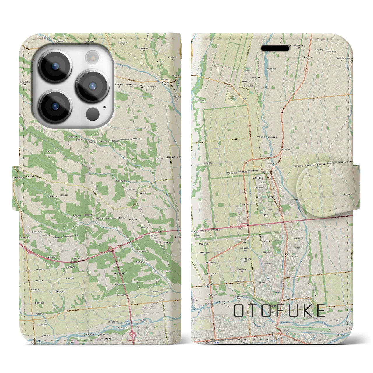 【音更(北海道)】地図柄iPhoneケース(手帳タイプ)ナチュラル・iPhone 14 Pro 用