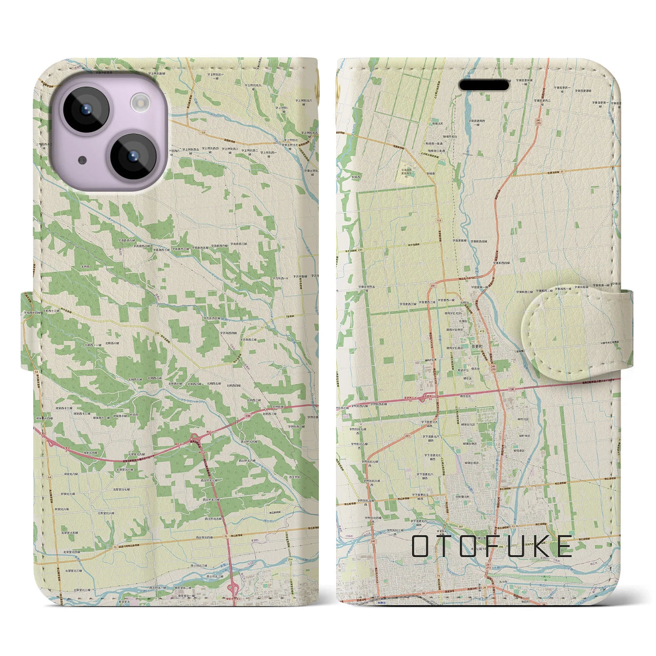 【音更(北海道)】地図柄iPhoneケース(手帳タイプ)ナチュラル・iPhone 14 用