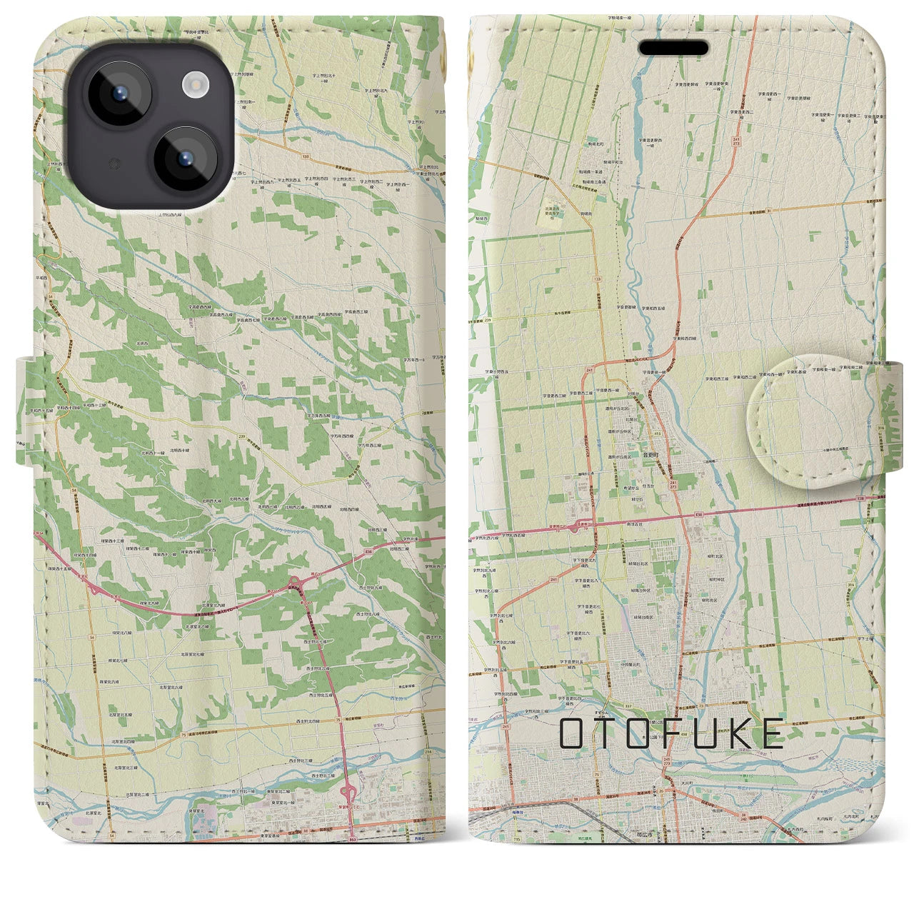 【音更(北海道)】地図柄iPhoneケース(手帳タイプ)ナチュラル・iPhone 14 Plus 用