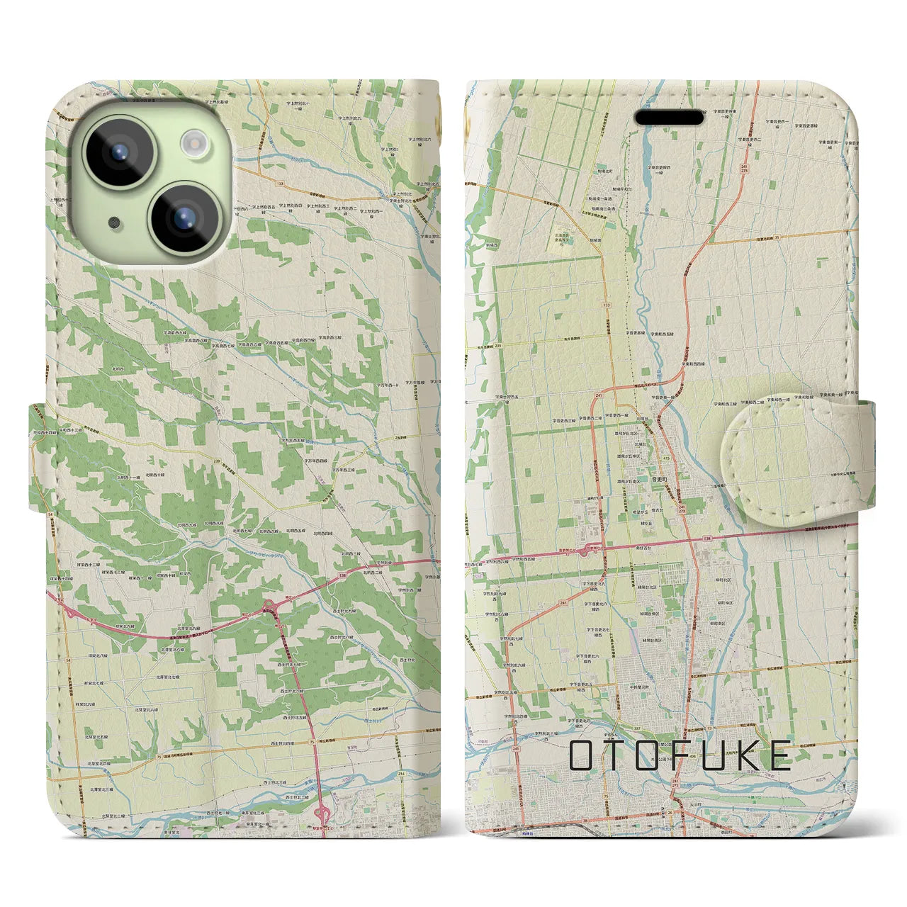 【音更(北海道)】地図柄iPhoneケース(手帳タイプ)ナチュラル・iPhone 15 用