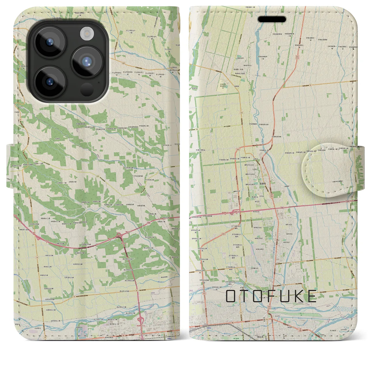 【音更(北海道)】地図柄iPhoneケース(手帳タイプ)ナチュラル・iPhone 15 Pro Max 用
