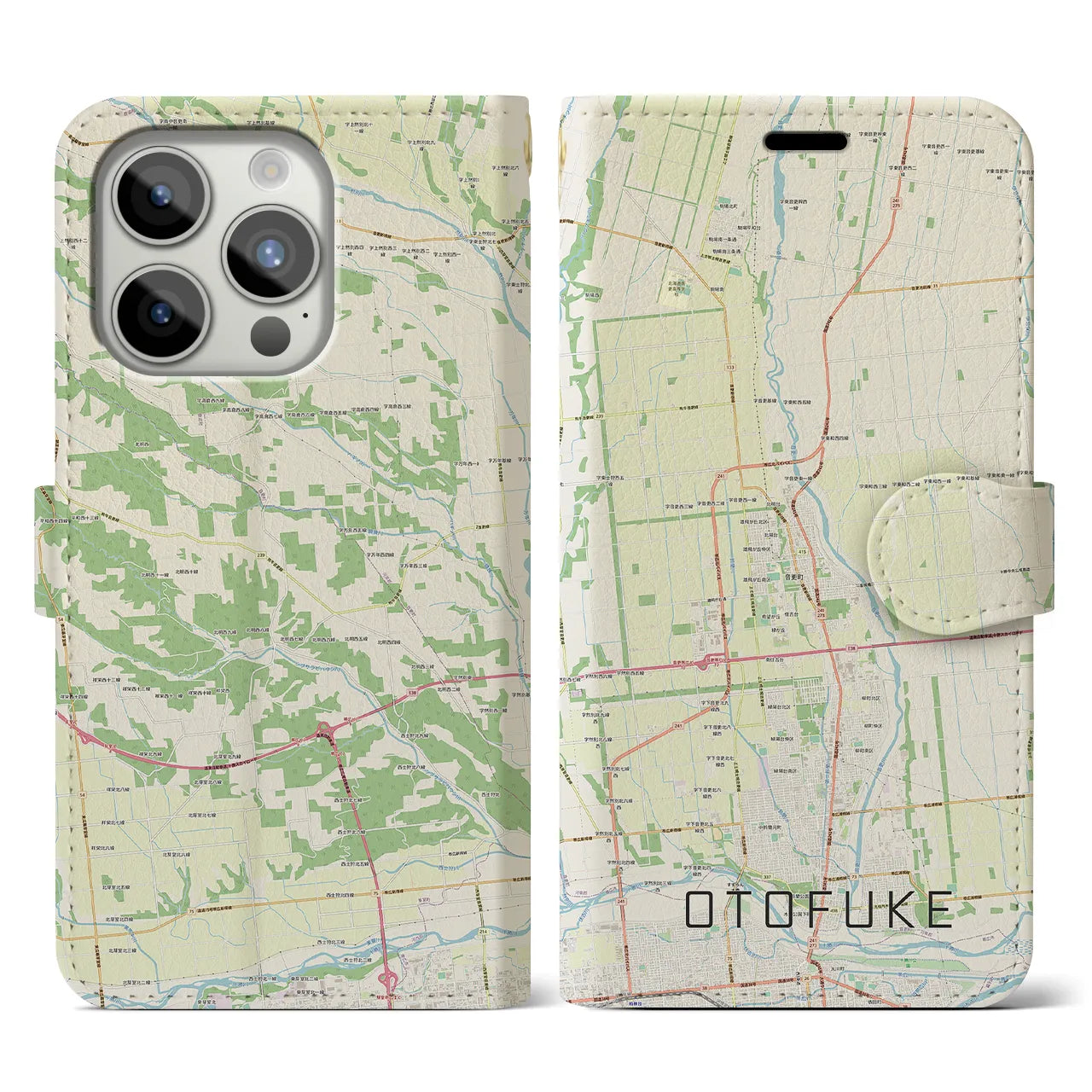 【音更(北海道)】地図柄iPhoneケース(手帳タイプ)ナチュラル・iPhone 15 Pro 用