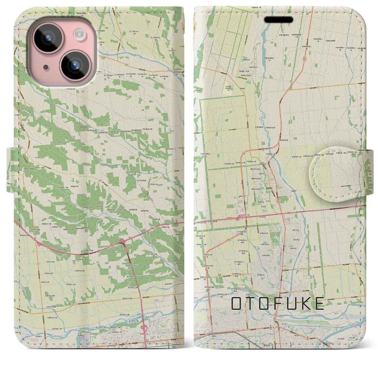 【音更(北海道)】地図柄iPhoneケース(手帳タイプ)ナチュラル・iPhone 15 Plus 用