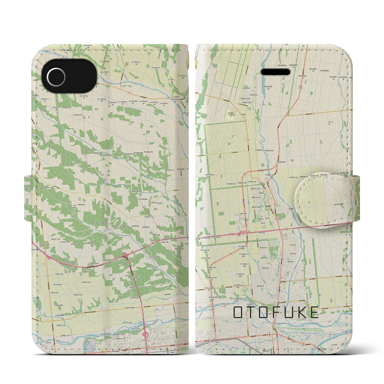 【音更(北海道)】地図柄iPhoneケース(手帳タイプ)ナチュラル・iPhone SE(第3 / 第2世代) / 8 / 7 / 6s / 6 用