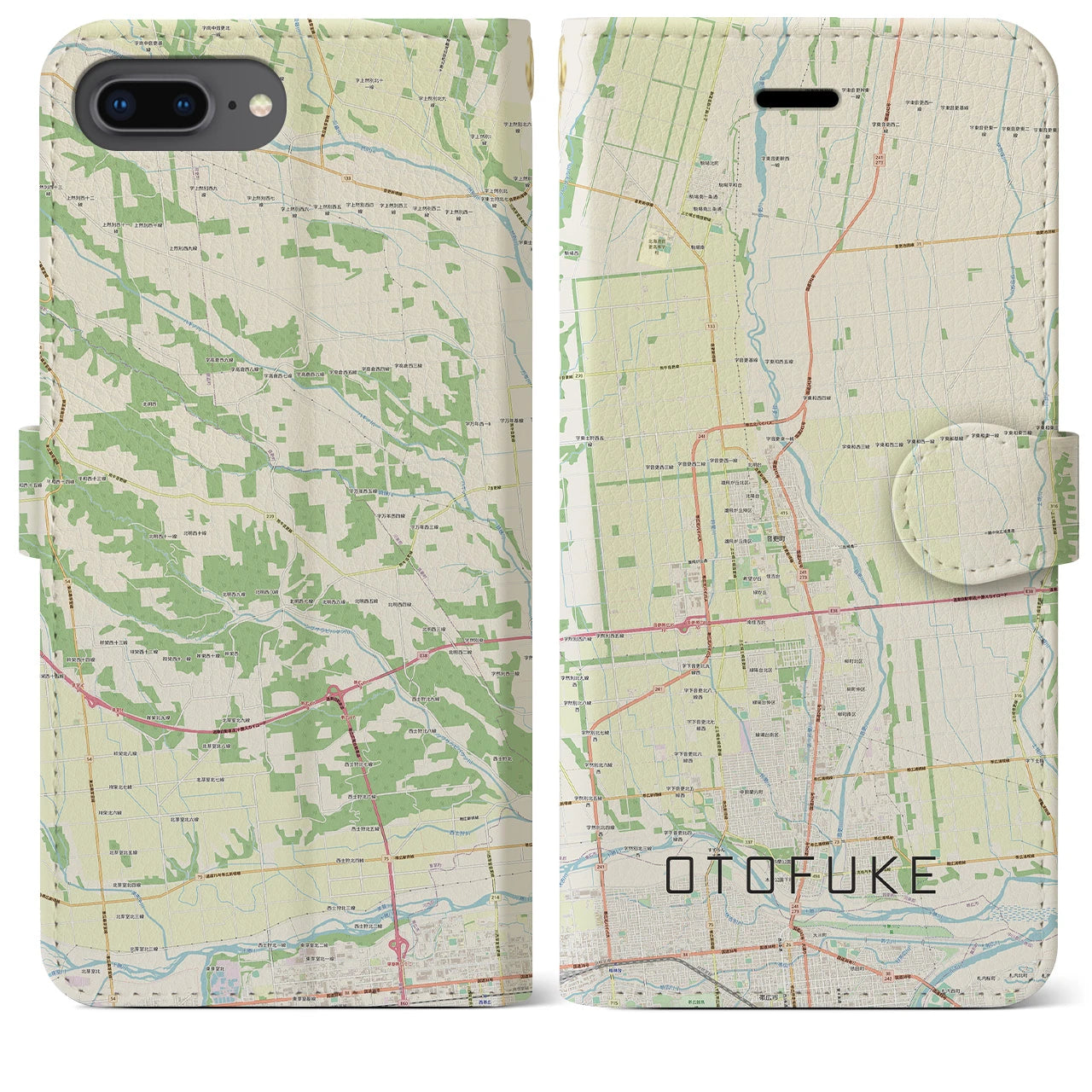【音更(北海道)】地図柄iPhoneケース(手帳タイプ)ナチュラル・iPhone 8Plus /7Plus / 6sPlus / 6Plus 用