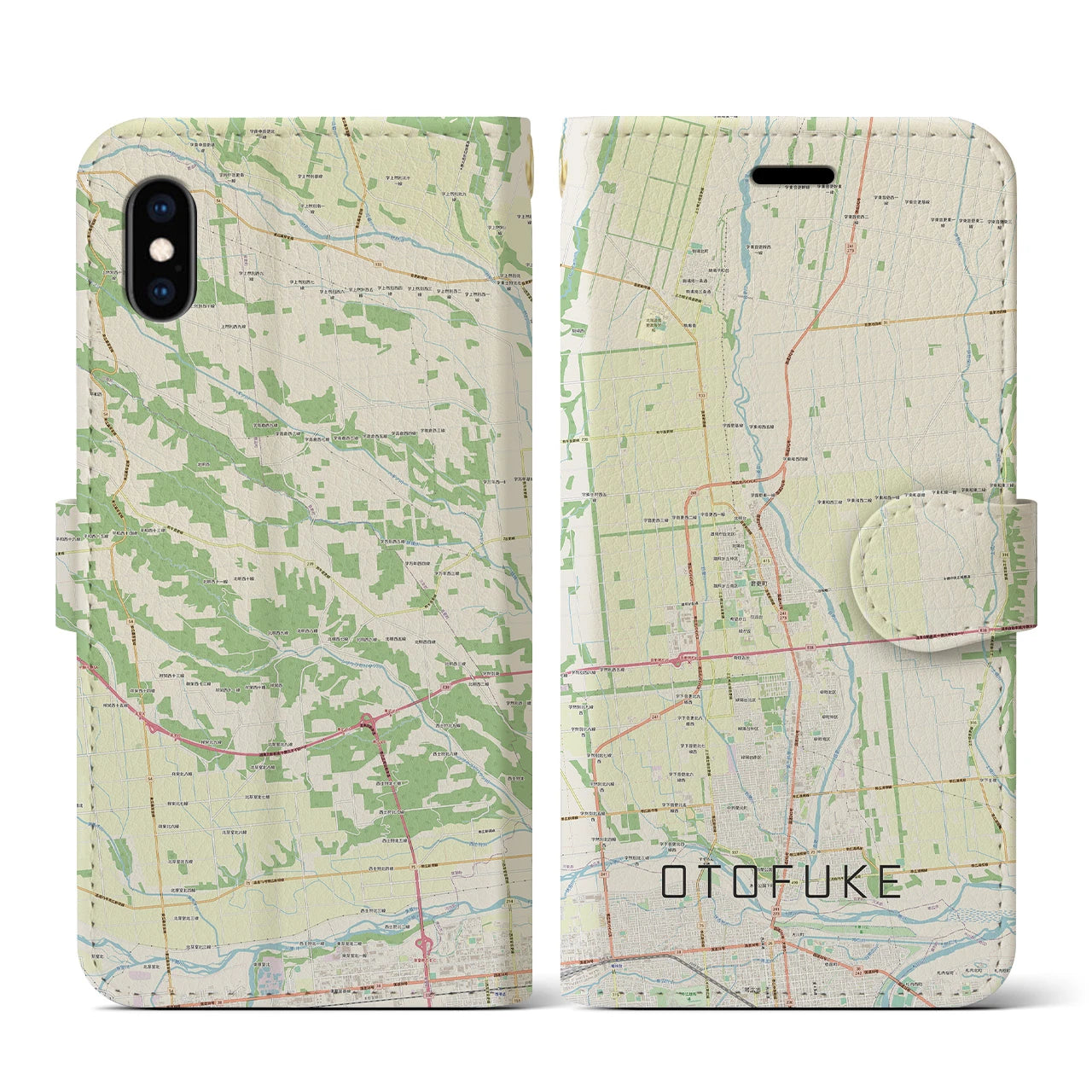 【音更(北海道)】地図柄iPhoneケース(手帳タイプ)ナチュラル・iPhone XS / X 用