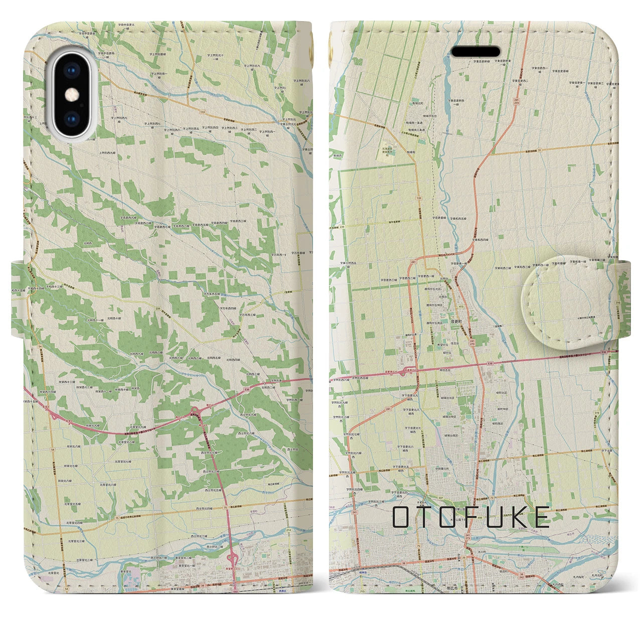 【音更(北海道)】地図柄iPhoneケース(手帳タイプ)ナチュラル・iPhone XS Max 用